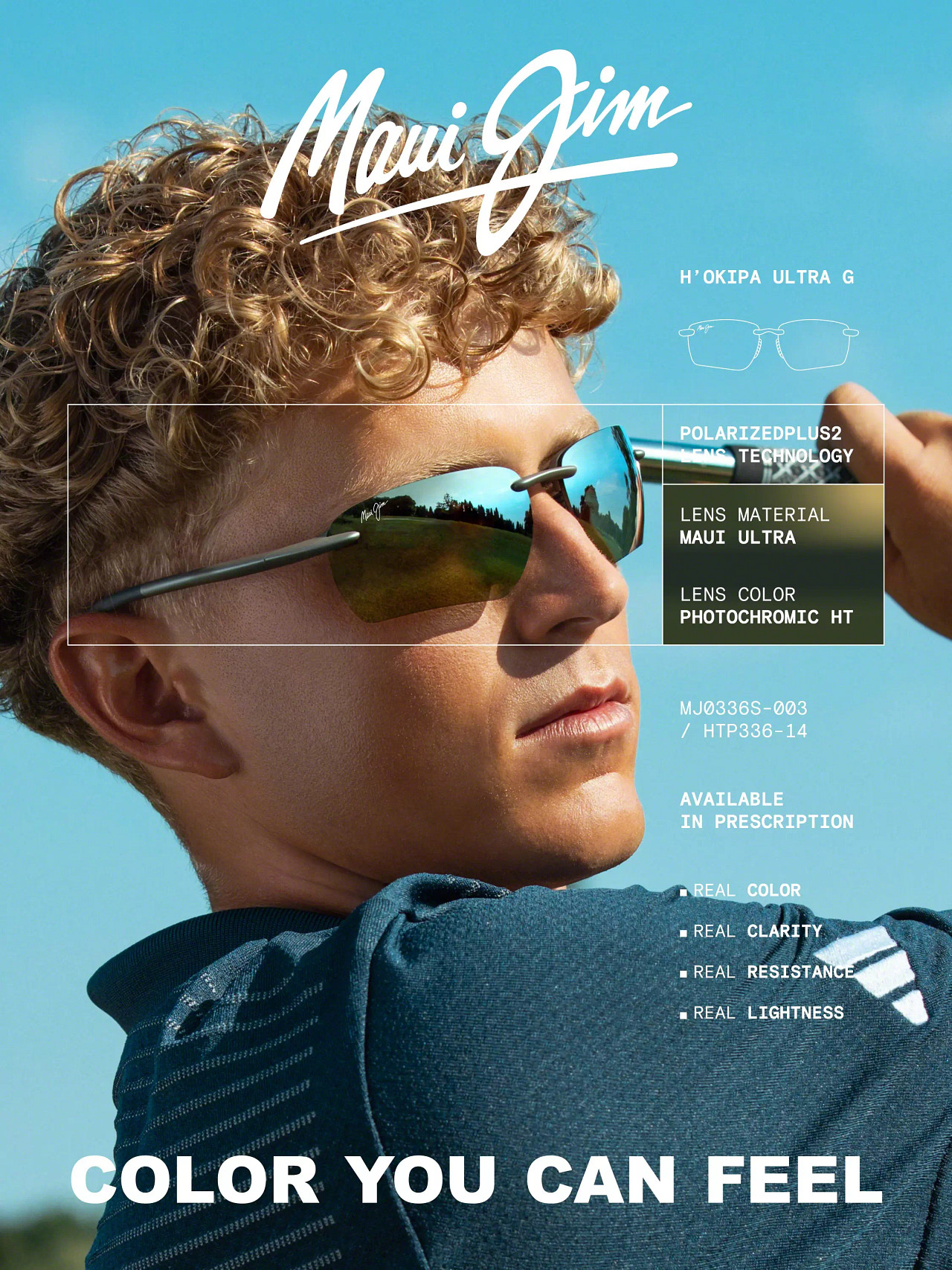 Maui Jim Ho'okipa Ultra G Golf Sunglasses Golfer wearing Maui Jim Ho'okipa Ultra G sunglasses with PolarizedPlus2 Photochromic HT lenses, available in prescription