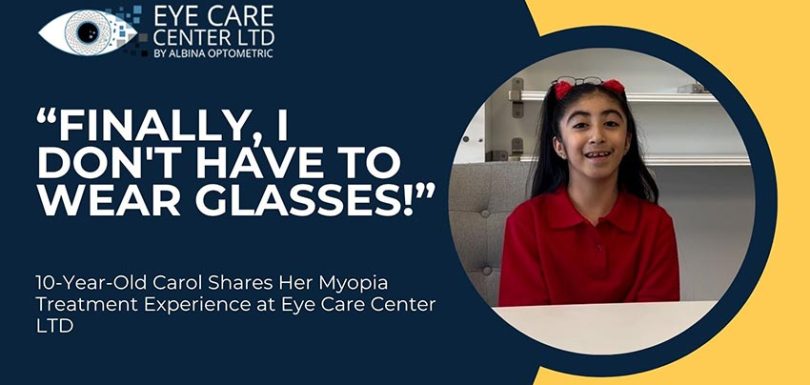 Young myopia patient Carol smiles after successful ortho-k treatment at Eye Care Center Illinois