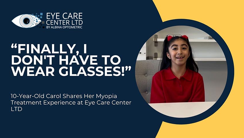 Young myopia patient Carol smiles after successful ortho-k treatment at Eye Care Center Illinois