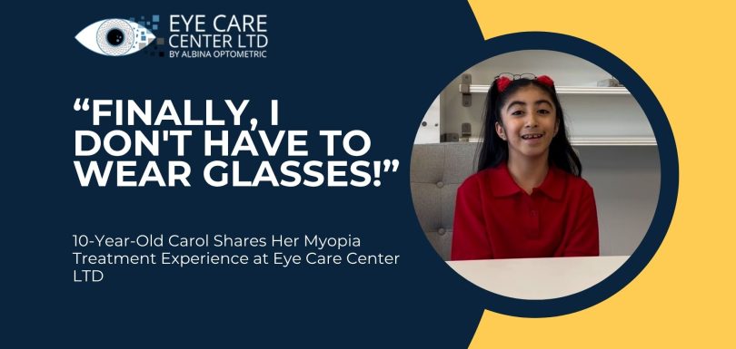 Young myopia patient Carol smiles after successful ortho-k treatment at Eye Care Center Illinois