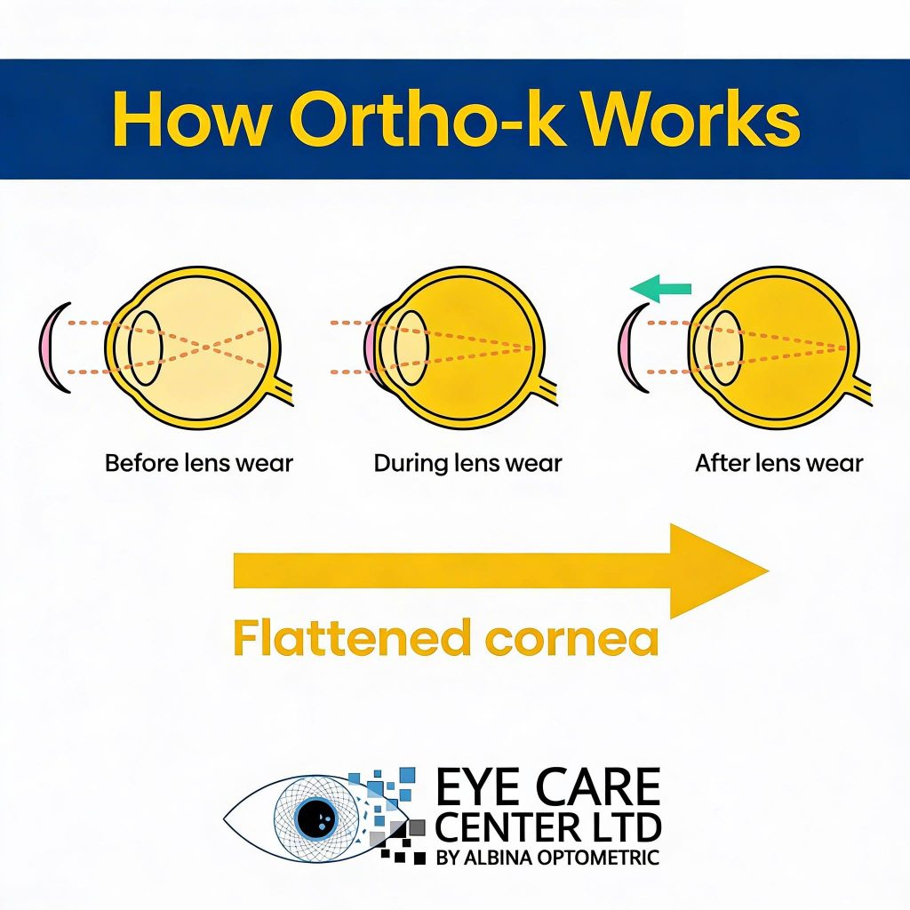 How orthokeratology works - corneal reshaping for myopia correction and control Ortho-K corneal reshaping process - how overnight lenses flatten cornea for daytime vision