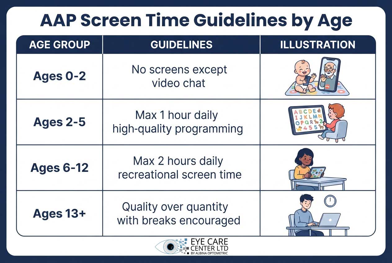 AAP Screen Time Guidelines by Age | The Eye Care Center Age-appropriate screen time guidelines chart showing AAP recommendations for children from infants to teenagers