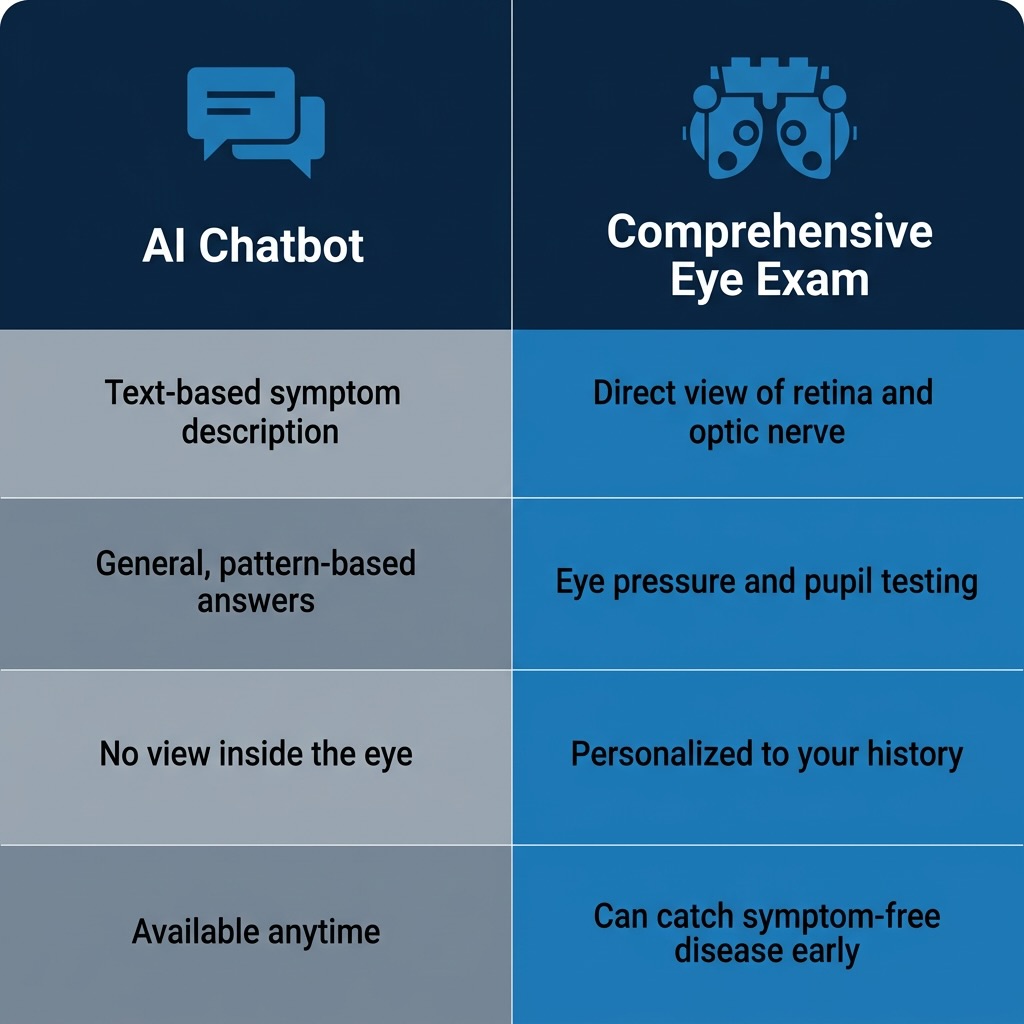 AI chatbot versus comprehensive eye exam comparison Infographic comparing what an AI chatbot can offer versus what a comprehensive eye exam checks