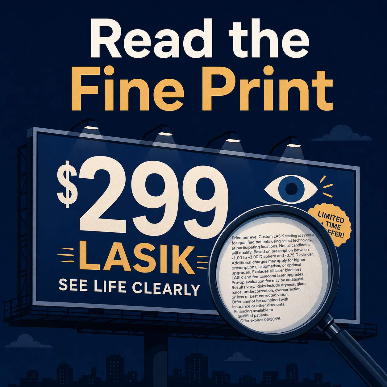 LASIK Teaser Pricing Explained | The Eye Care Center Illustration of LASIK teaser pricing billboard with fine print revealed under a magnifying glass