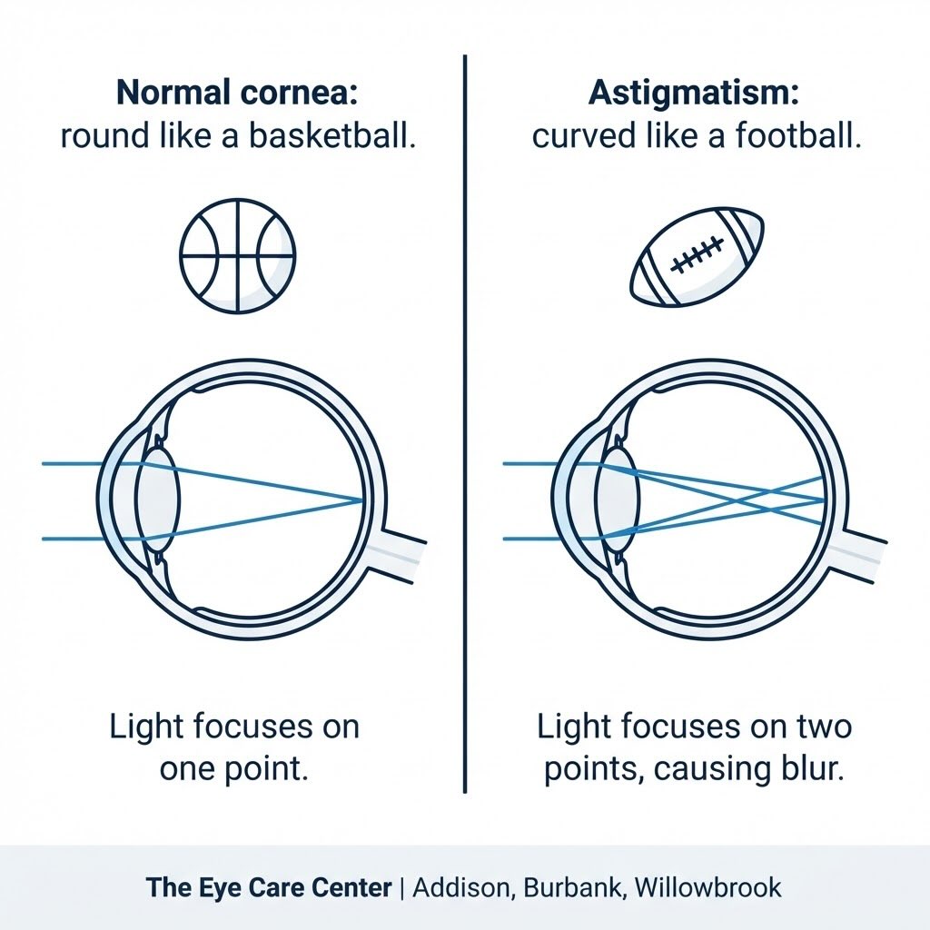 How Astigmatism Changes the Way Your Eye Focuses Light Infographic comparing a normal round cornea that focuses light to one point with an astigmatic football-shaped cornea that focuses light at two points