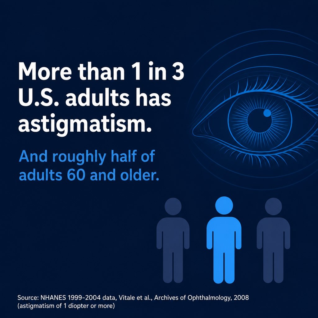 More than 1 in 3 U.S. Adults Has Astigmatism Statistic graphic: more than 1 in 3 U.S. adults has astigmatism, and roughly half of adults 60 and older, according to NHANES data published in Archives of Ophthalmology, 2008