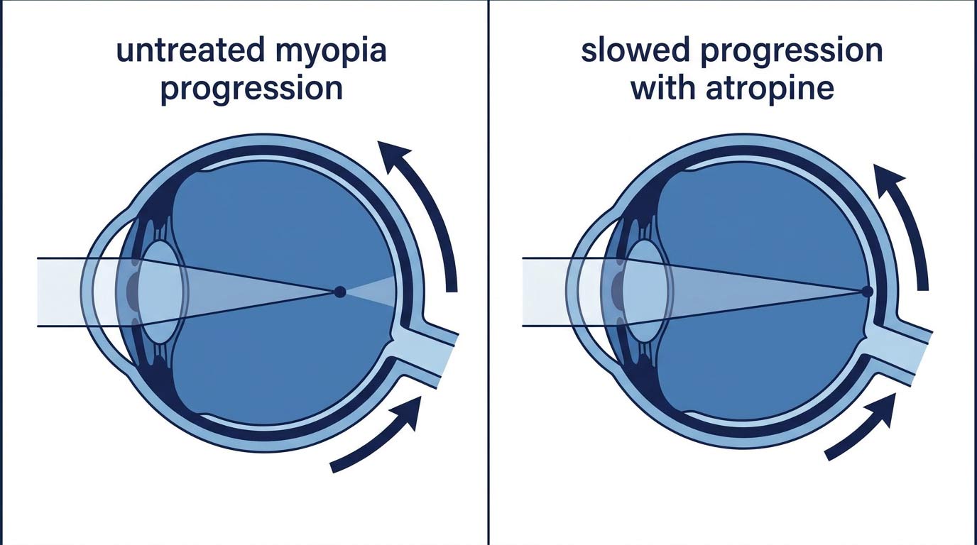 How Low-Dose Atropine Slows Myopia Progression | The Eye Care Center Medical illustration showing how atropine eye drops slow axial elongation and myopia progression in children