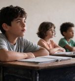 Young student squinting to read the classroom board during a lesson