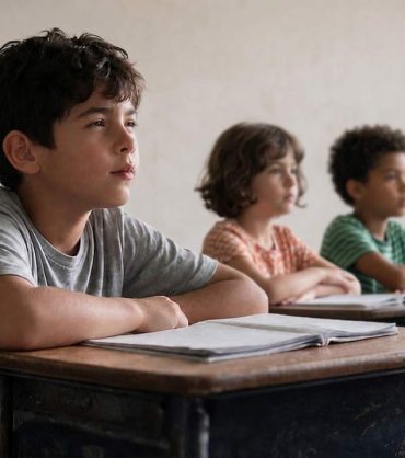 Young student squinting to read the classroom board during a lesson