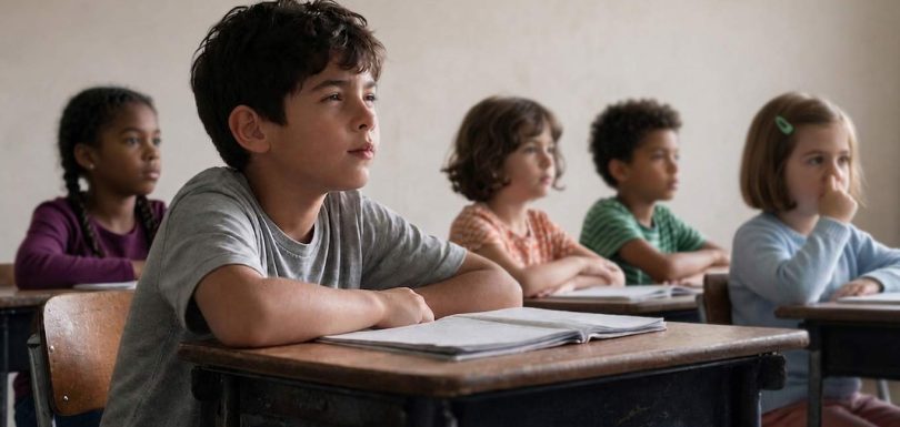 Young student squinting to read the classroom board during a lesson