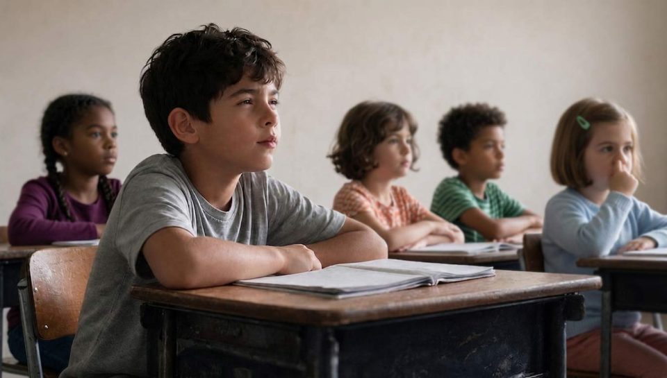 Young student squinting to read the classroom board during a lesson
