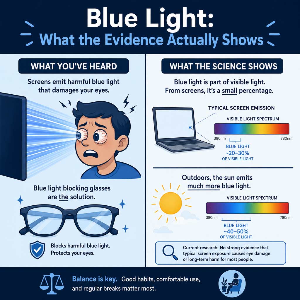 Blue Light Glasses Facts vs Marketing | The Eye Care Center Illustration comparing blue light marketing claims versus clinical evidence for blue light blocking glasses