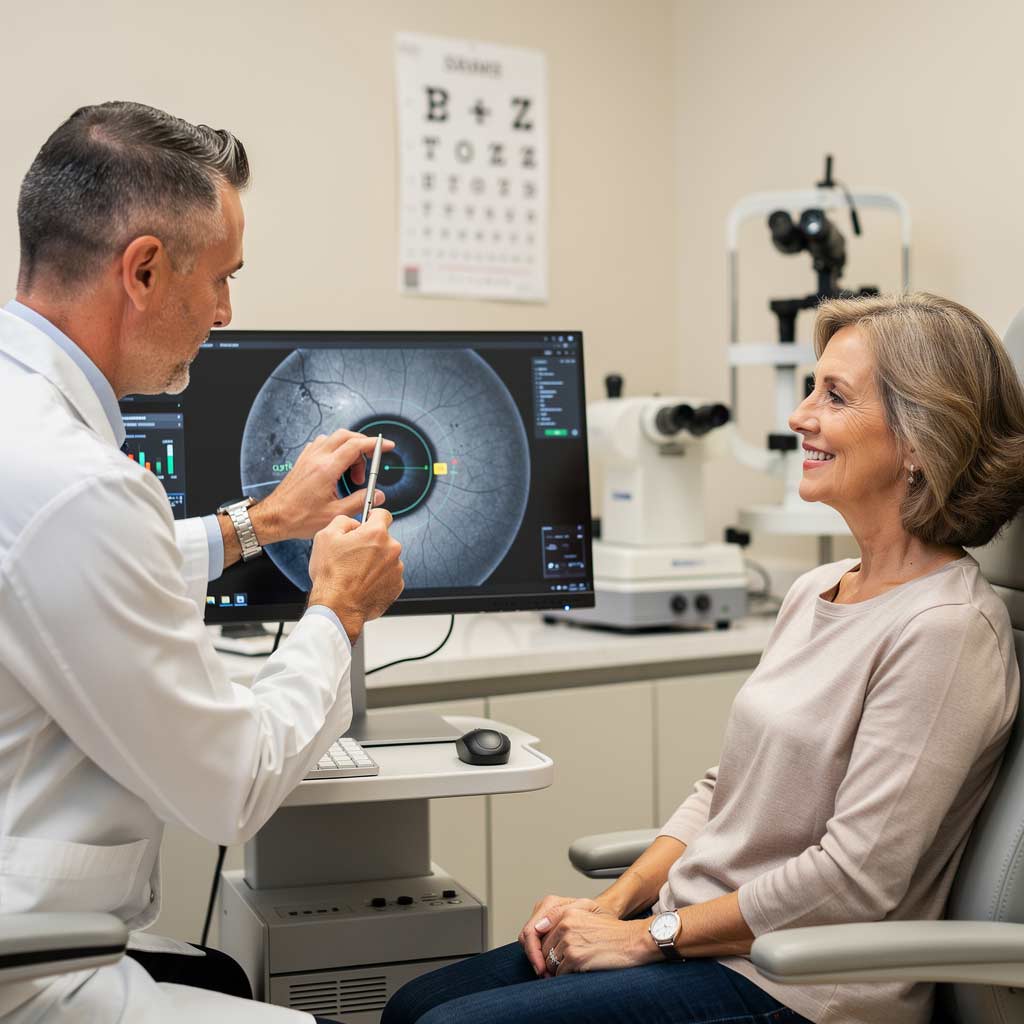 Cataract Evaluation Consultation | The Eye Care Center Illinois Optometrist reviewing cataract evaluation imaging with patient during co-management consultation at Eye Care Center Illinois