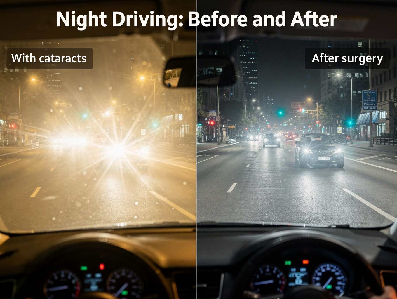Cataract Night Driving Glare Comparison | The Eye Care Center Simulation comparing night driving vision with cataract glare and halos versus clear vision after cataract surgery