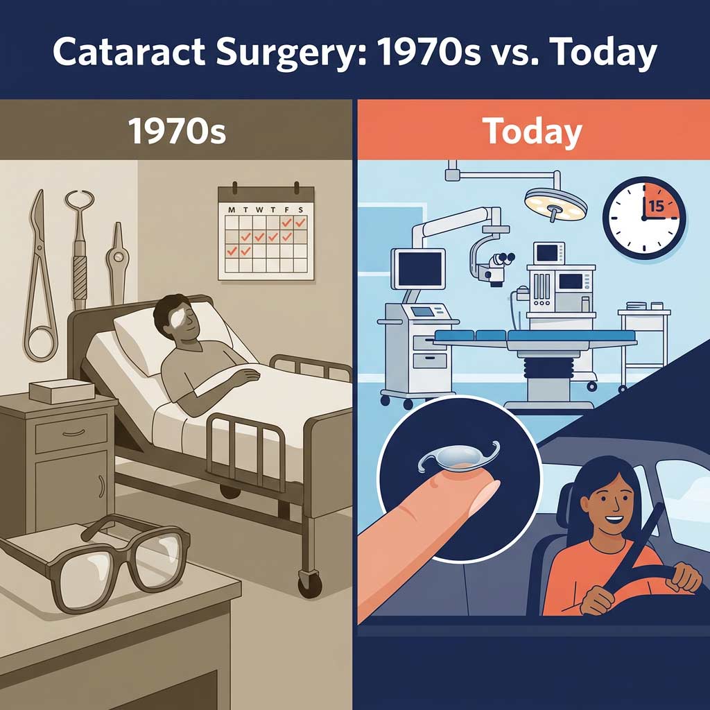 Cataract Surgery Then vs Now | The Eye Care Center Comparison illustration of cataract surgery in the 1970s versus modern 15-minute outpatient procedure