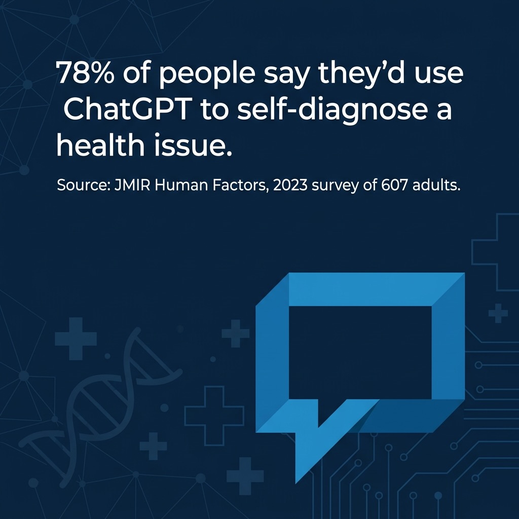 78 percent of people would use AI chatbots like ChatGPT to self-diagnose health issues Statistic graphic showing 78 percent of people would use ChatGPT to self-diagnose a health issue, sourced to a 2023 JMIR Human Factors survey