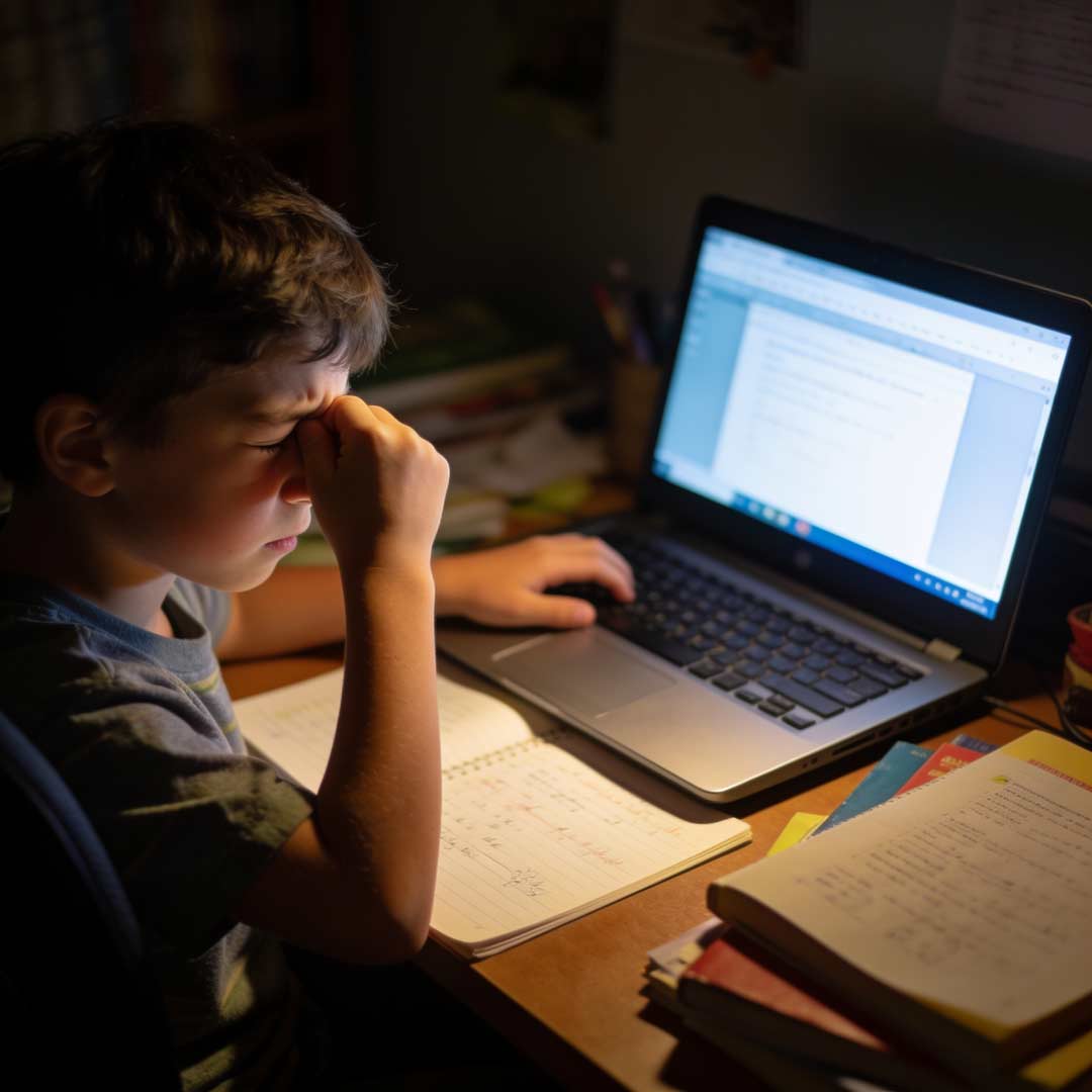 Digital Eye Strain Symptoms in Children | The Eye Care Center Child rubbing eyes while using a laptop screen showing digital eye strain symptoms