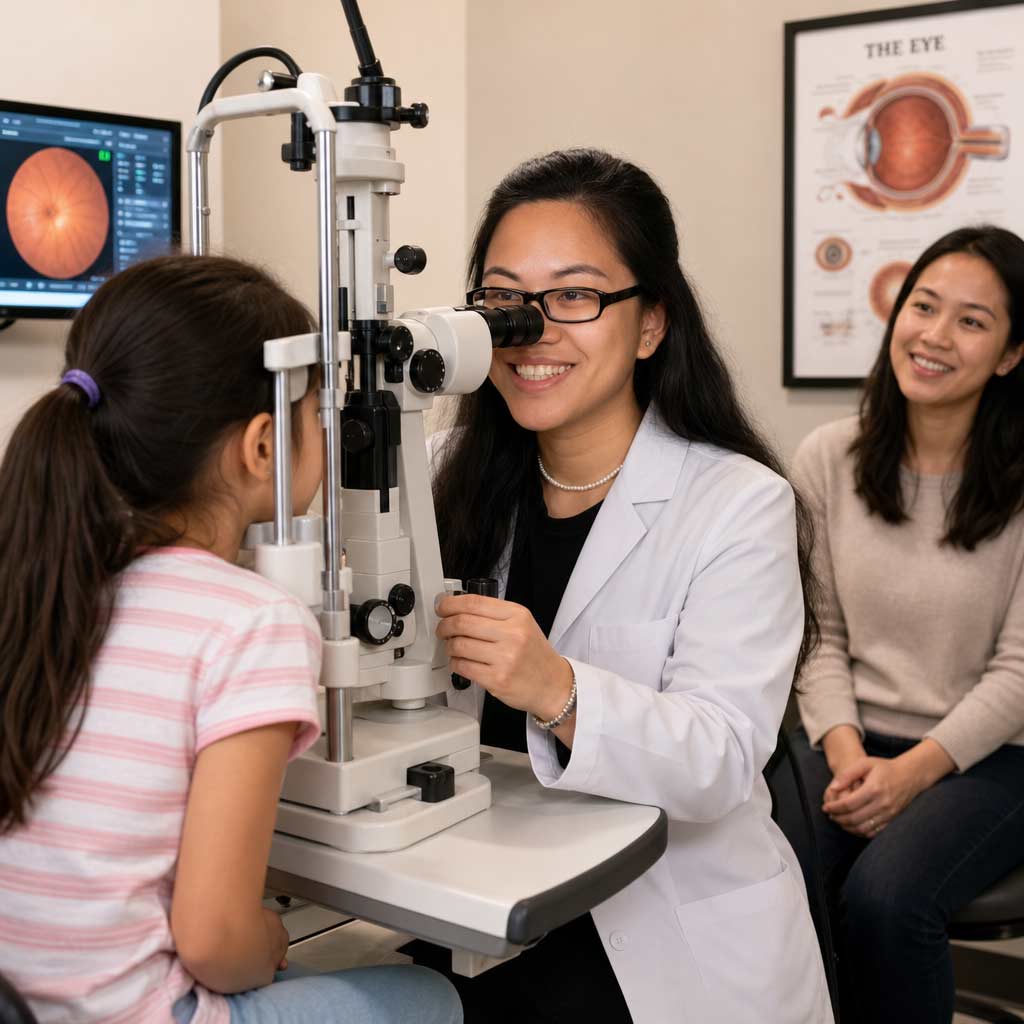 Children's Eye Exam at Eye Care Center Illinois | The Eye Care Center Optometrist conducting a comprehensive eye exam on a child with a parent present at Eye Care Center Illinois