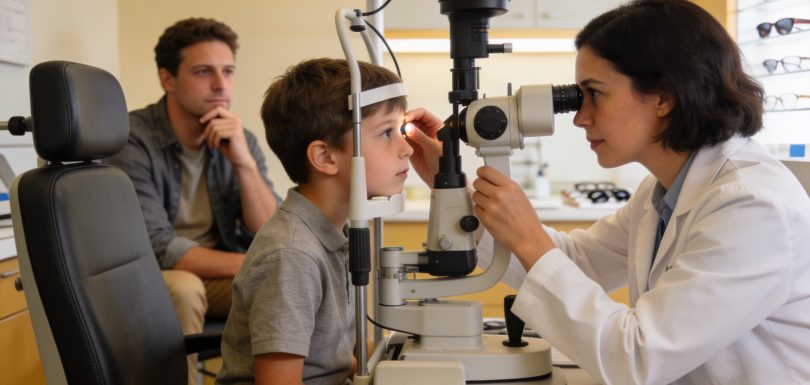 Young child receiving a comprehensive eye exam with a concerned parent watching nearby at an Illinois optometry office