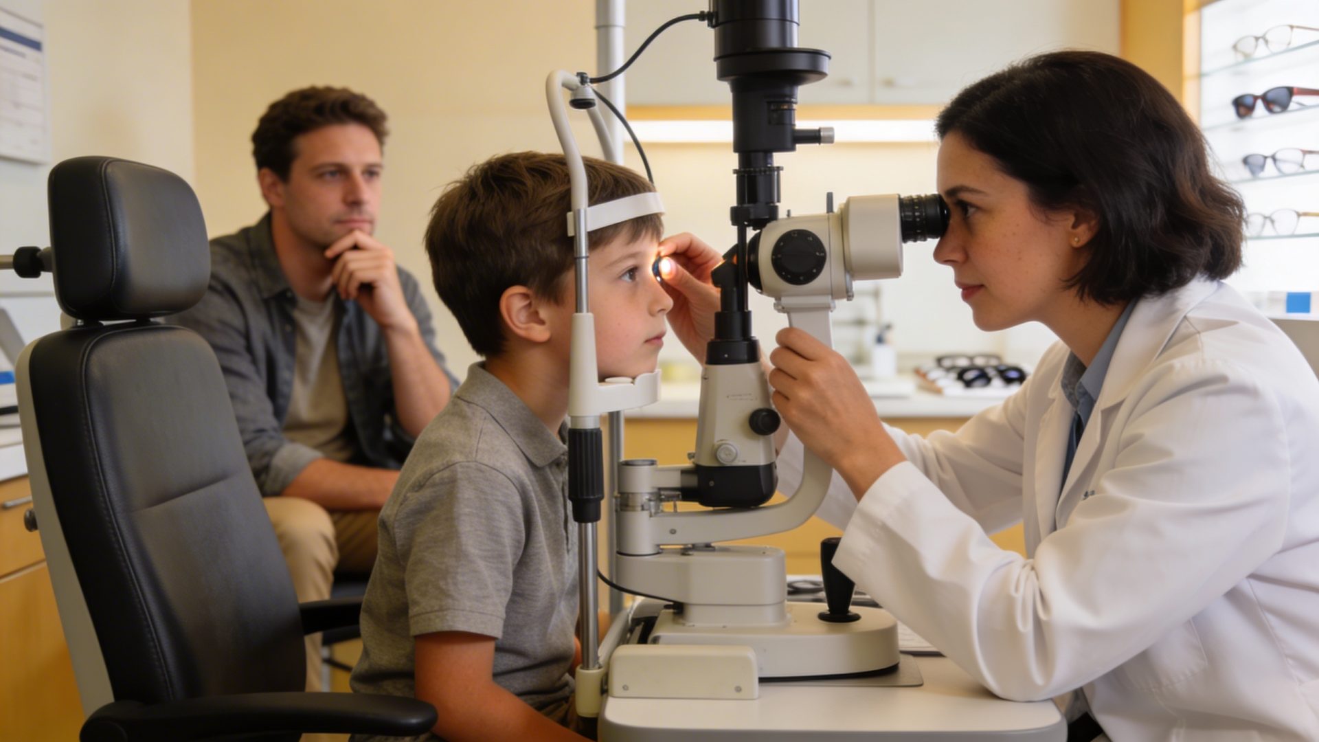 Young child receiving a comprehensive eye exam with a concerned parent watching nearby at an Illinois optometry office