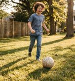 Child playing outside in the afternoon sun in a suburban backyard — building the daily outdoor habit that supports myopia prevention