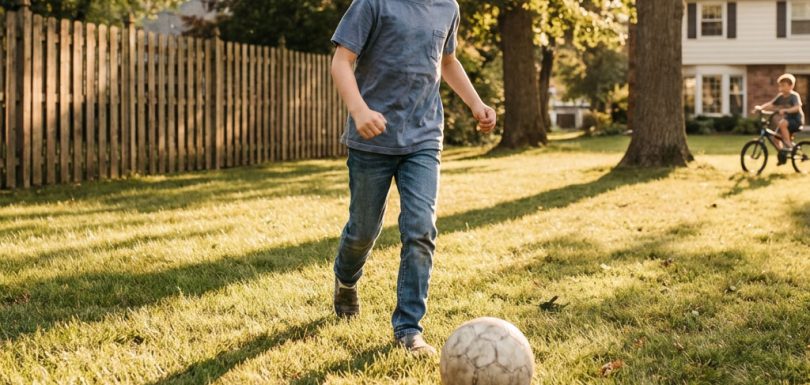 Child playing outside in the afternoon sun in a suburban backyard — building the daily outdoor habit that supports myopia prevention