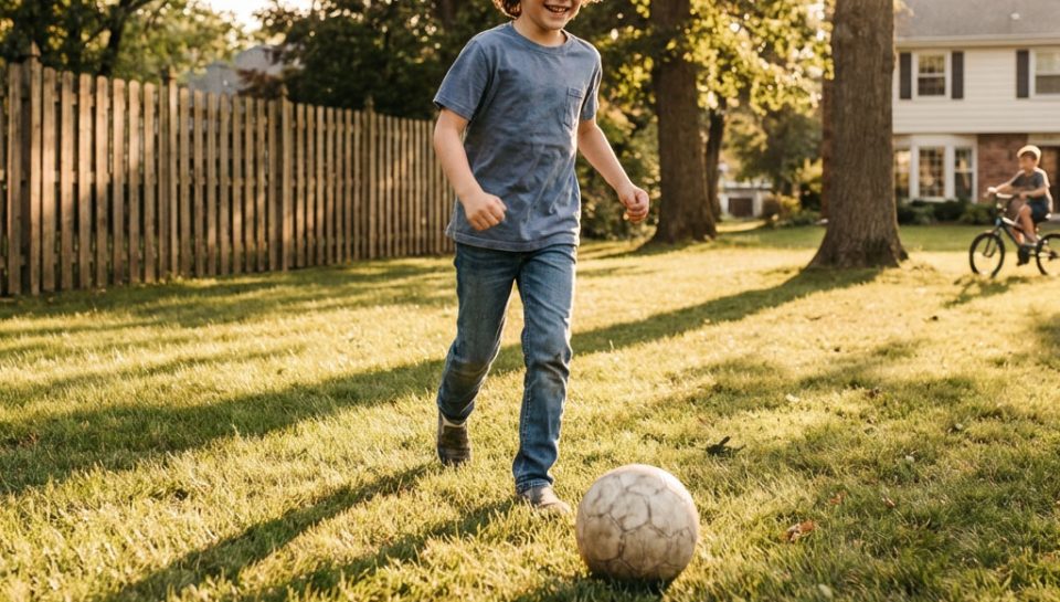 Child playing outside in the afternoon sun in a suburban backyard — building the daily outdoor habit that supports myopia prevention