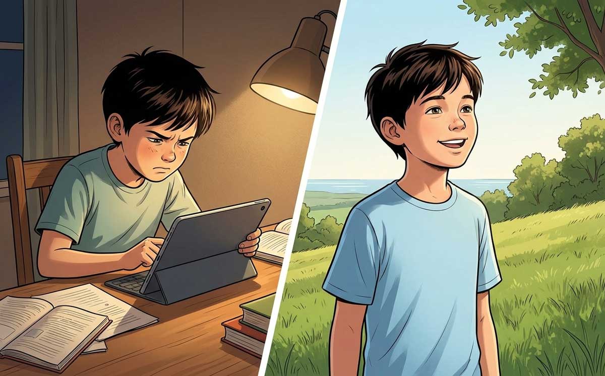 Editorial illustration comparing a child doing close-up indoor screen work versus a child looking at distance outdoors in natural light