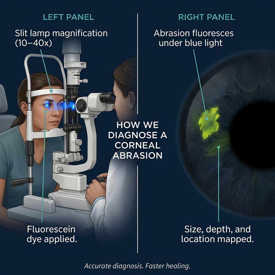 How optometrists diagnose a scratched cornea - slit lamp exam and fluorescein dye Corneal abrasion diagnosis with slit lamp and fluorescein dye - Eye Care Center Illinois