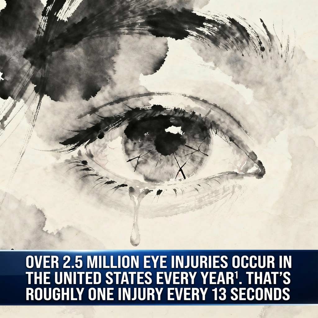 Detailed medical illustration of corneal abrasion showing scratched eye surface and tear film damage