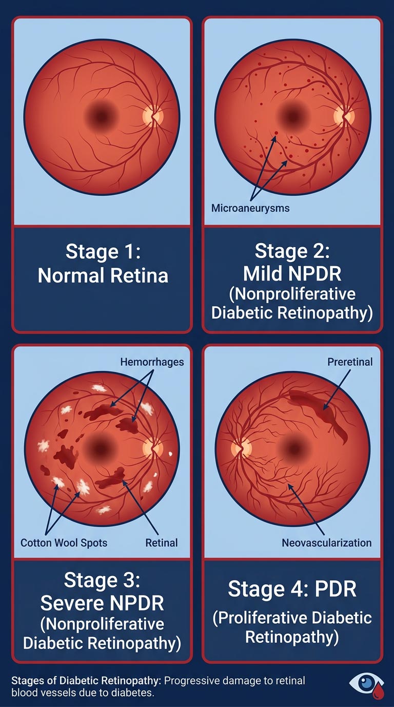 Four Stages of Diabetic Retinopathy Illustration | The Eye Care Center "Medical
