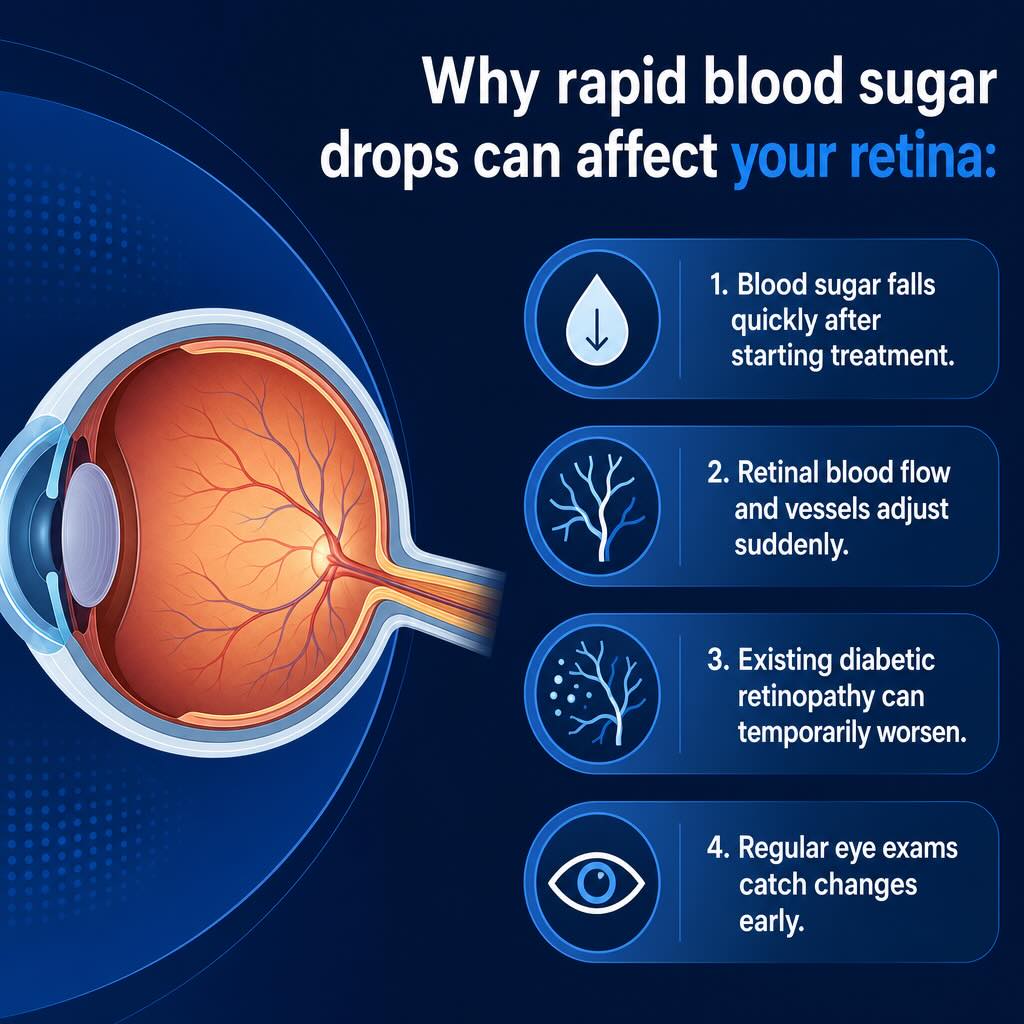 How rapid glucose control affects diabetic retinopathy Infographic explaining how rapid blood sugar improvement can temporarily worsen diabetic retinopathy