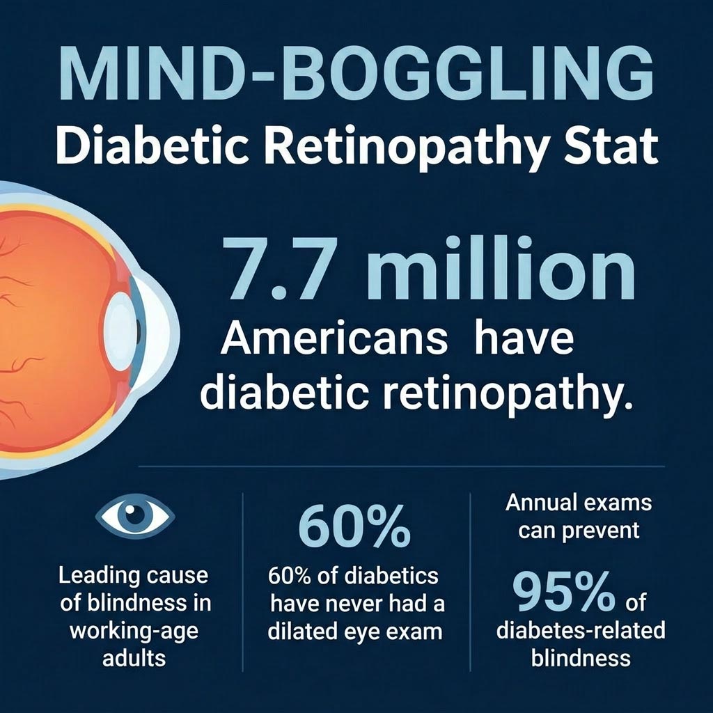 Diabetic Retinopathy Statistics Illinois | The Eye Care Center LTD Diabetic retinopathy statistics infographic showing 7.7 million Americans affected