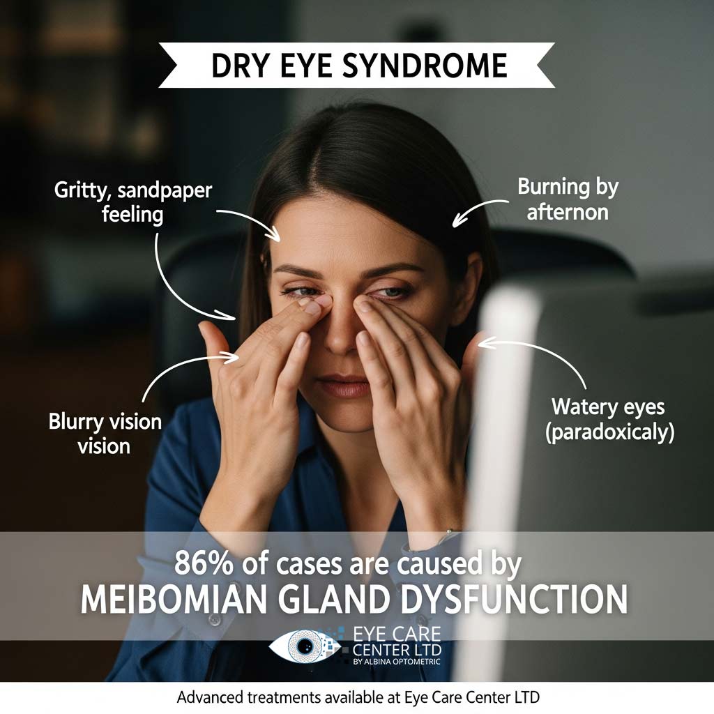 Woman experiencing dry eye symptoms - gritty sandpaper feeling and eye fatigue