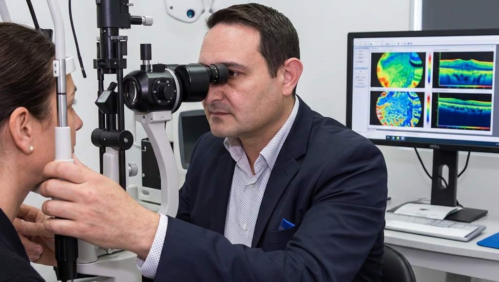 Dry Eye Screening Before LASIK | The Eye Care Center Optometrist screening for dry eye disease before LASIK candidacy evaluation at Eye Care Center Illinois