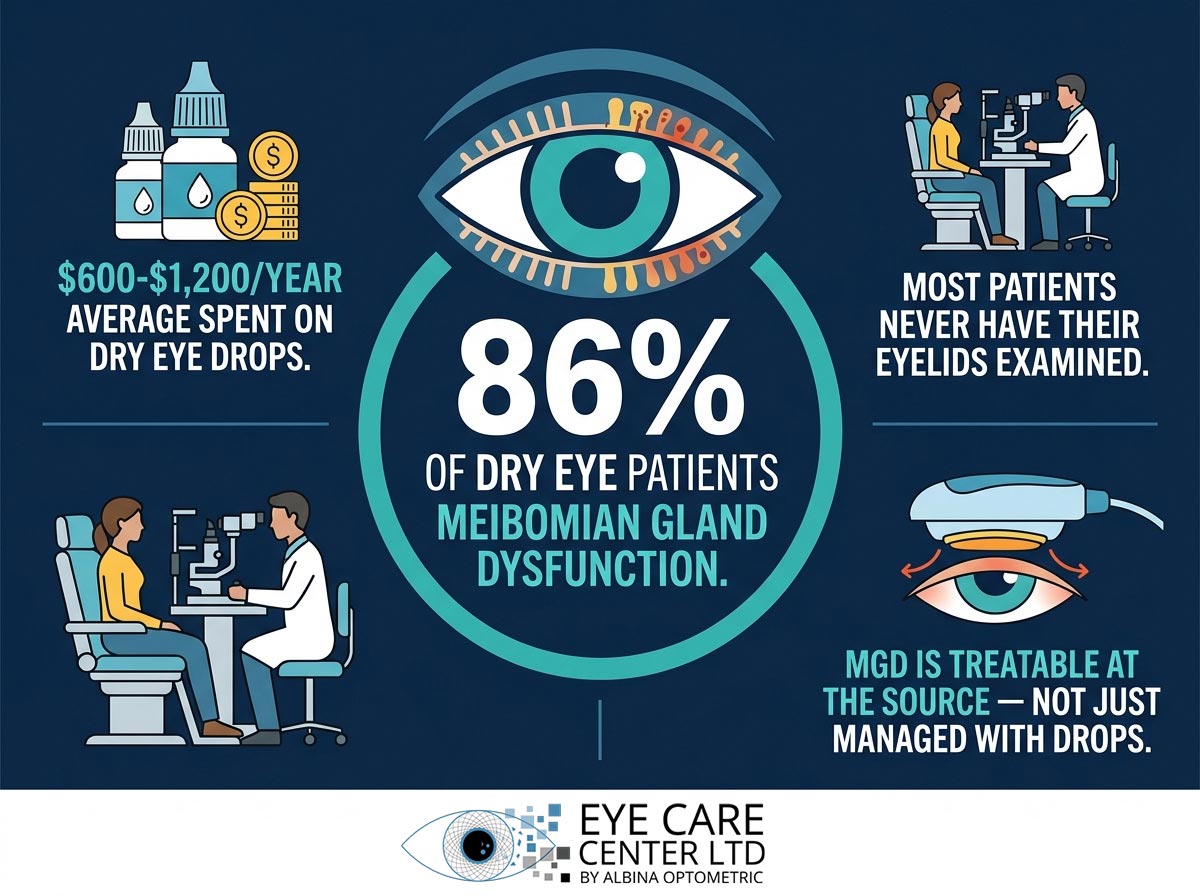 Dry Eye Treatment Cost MGD Statistics | The Eye Care Center LTD Infographic showing 86% of dry eye patients have MGD and average annual drop spending