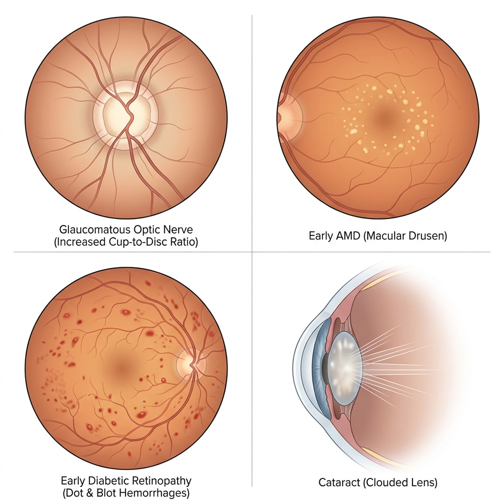 Eye Diseases Detected Before Symptoms: Glaucoma, AMD, Diabetic Retinopathy, Cataracts | The Eye Care Center Medical illustration showing four common eye diseases detected during a comprehensive exam: glaucoma optic nerve, AMD drusen, diabetic retinopathy hemorrhages, and cataracts