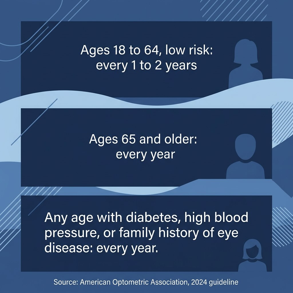 Recommended eye exam frequency by age Infographic showing recommended eye exam frequency by age group and risk factors according to American Optometric Association guidelines