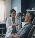 Optometrist talking with a patient during a comprehensive eye exam at The Eye Care Center