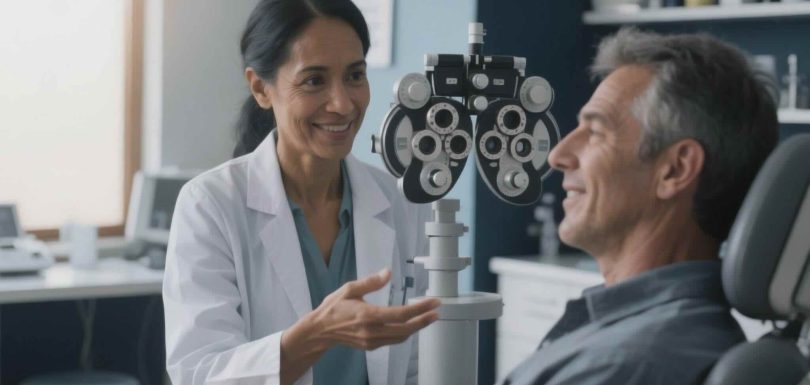Optometrist talking with a patient during a comprehensive eye exam at The Eye Care Center