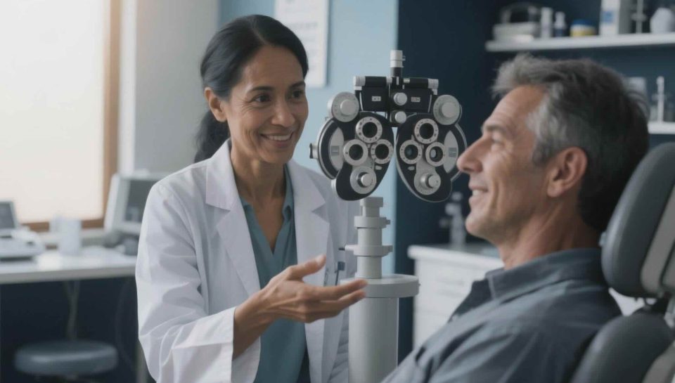 Optometrist talking with a patient during a comprehensive eye exam at The Eye Care Center