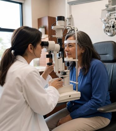 Eye doctor performing a dilated eye exam on a patient with new floaters and flashes
