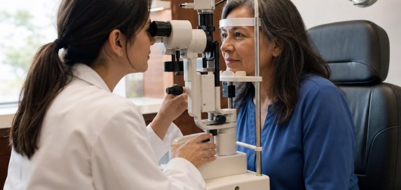 Eye doctor performing a dilated eye exam on a patient with new floaters and flashes