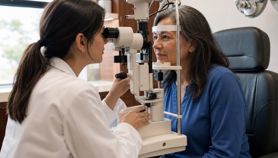 Eye doctor performing a dilated eye exam on a patient with new floaters and flashes