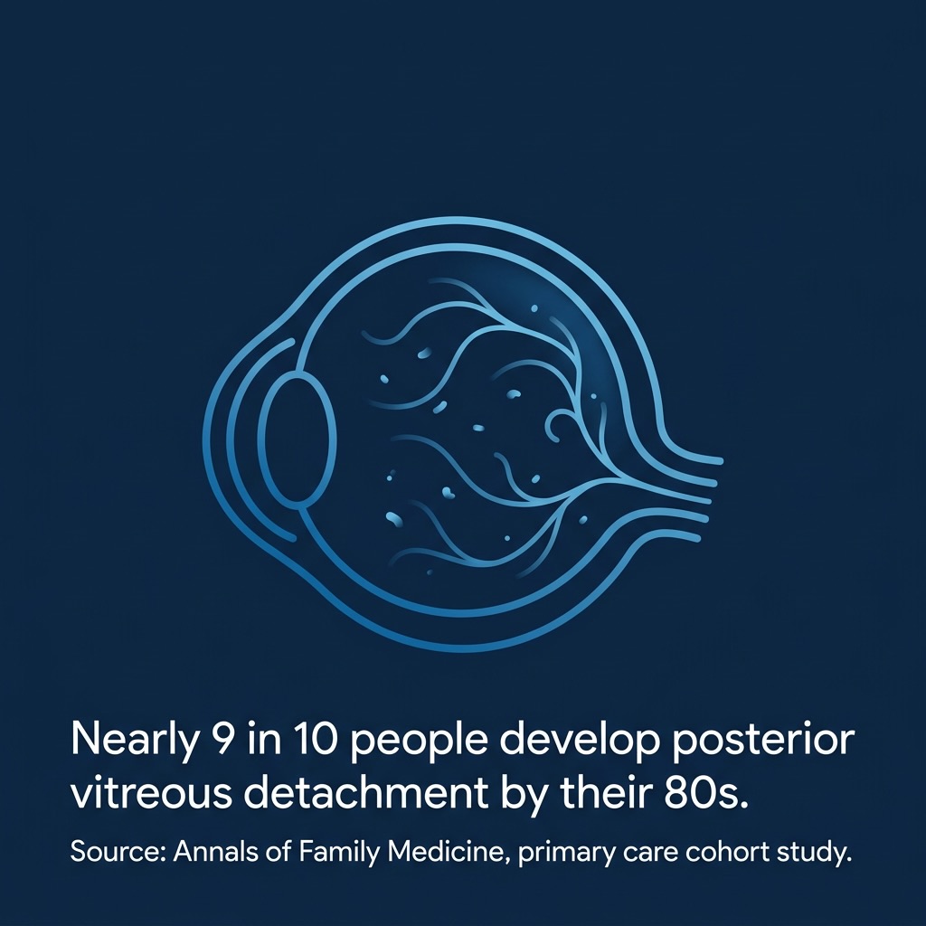 How common is posterior vitreous detachment Statistic graphic showing that nearly 9 in 10 people develop posterior vitreous detachment by their 80s, according to Annals of Family Medicine