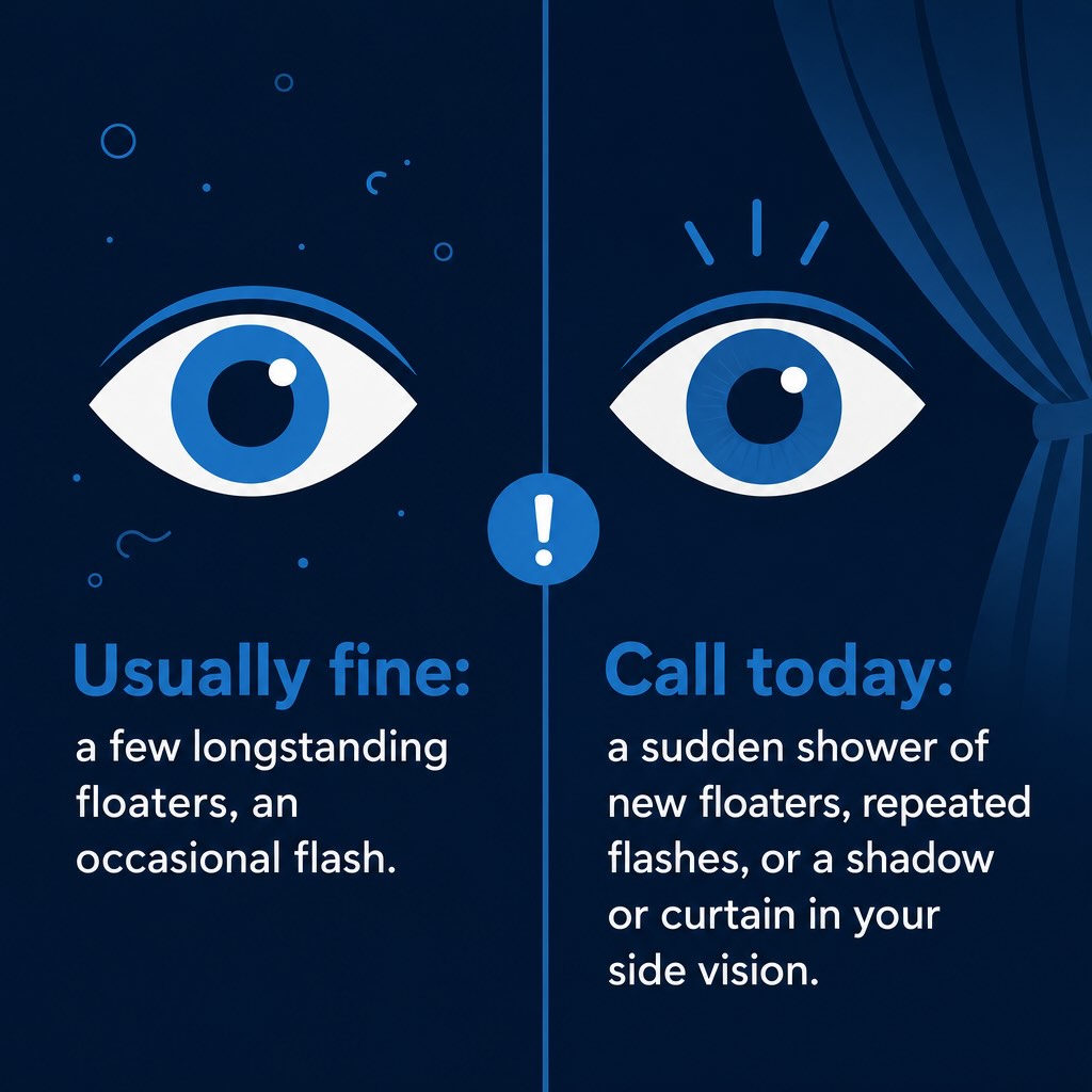 Normal floaters versus retinal emergency warning signs Infographic comparing normal eye floater symptoms with warning signs of a retinal emergency