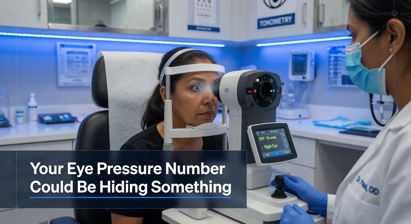 Eye Pressure and Glaucoma Screening | The Eye Care Center Illinois Optometrist performing intraocular pressure test to screen for glaucoma at Eye Care Center Illinois