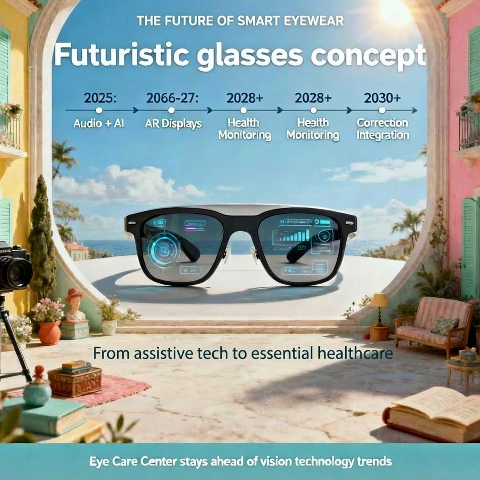 Next generation smart glasses and AR eyewear technology predictions Future of smart eyewear technology including AR displays, health monitoring, and integrated vision correction