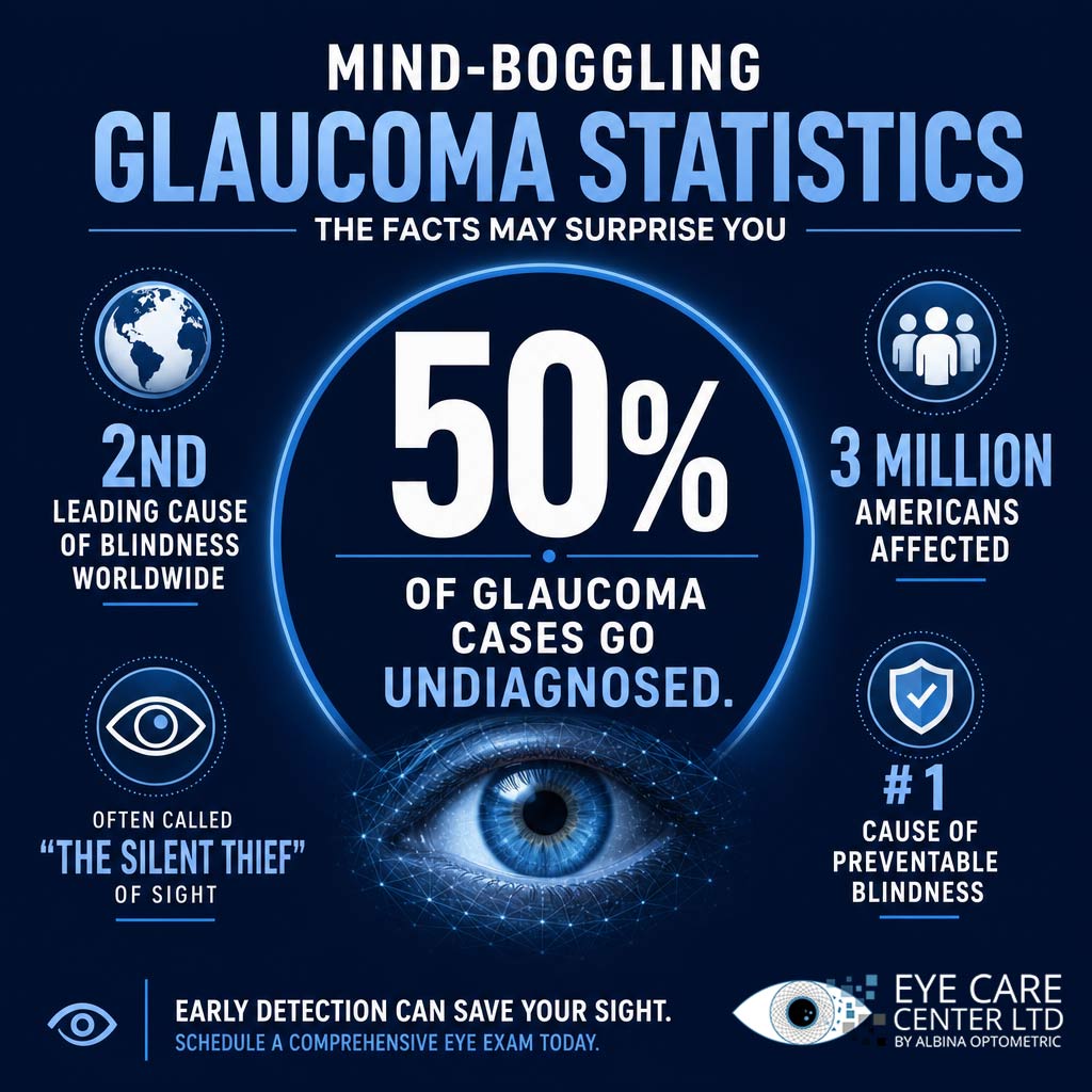 Glaucoma Statistics Illinois | The Eye Care Center LTD Glaucoma statistics infographic showing 3 million Americans affected with 50% undiagnosed