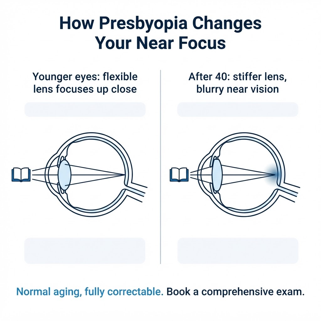 How Presbyopia Affects Near Focus Infographic comparing a flexible younger eye lens that focuses up close with a stiffer lens after 40 that causes blurry near vision from presbyopia